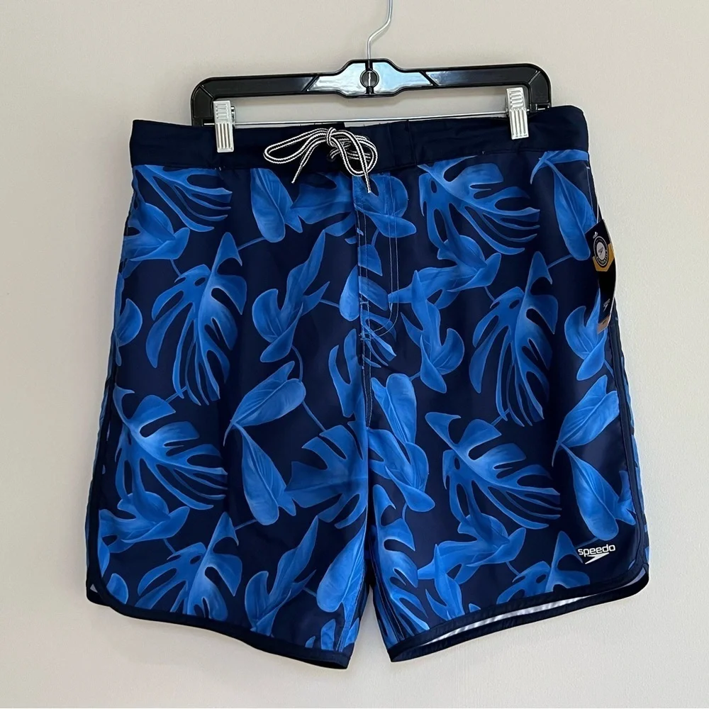 Speedo NWT Men's Tropical Fauna Leaf Swim Trunks UPF50+, Blue, XL